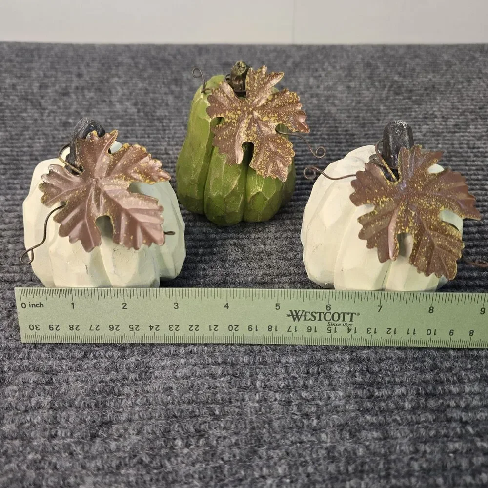 Set of 3 Small Pumpkins Fall Thanksgiving Home Decor Ceramic Decoration Leaves